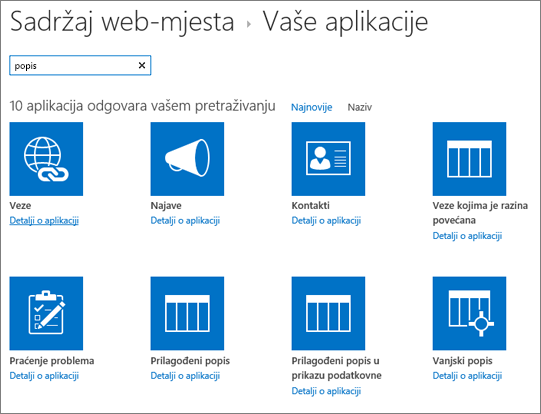 Popis aplikacija na stranici Sadržaj web-mjesta