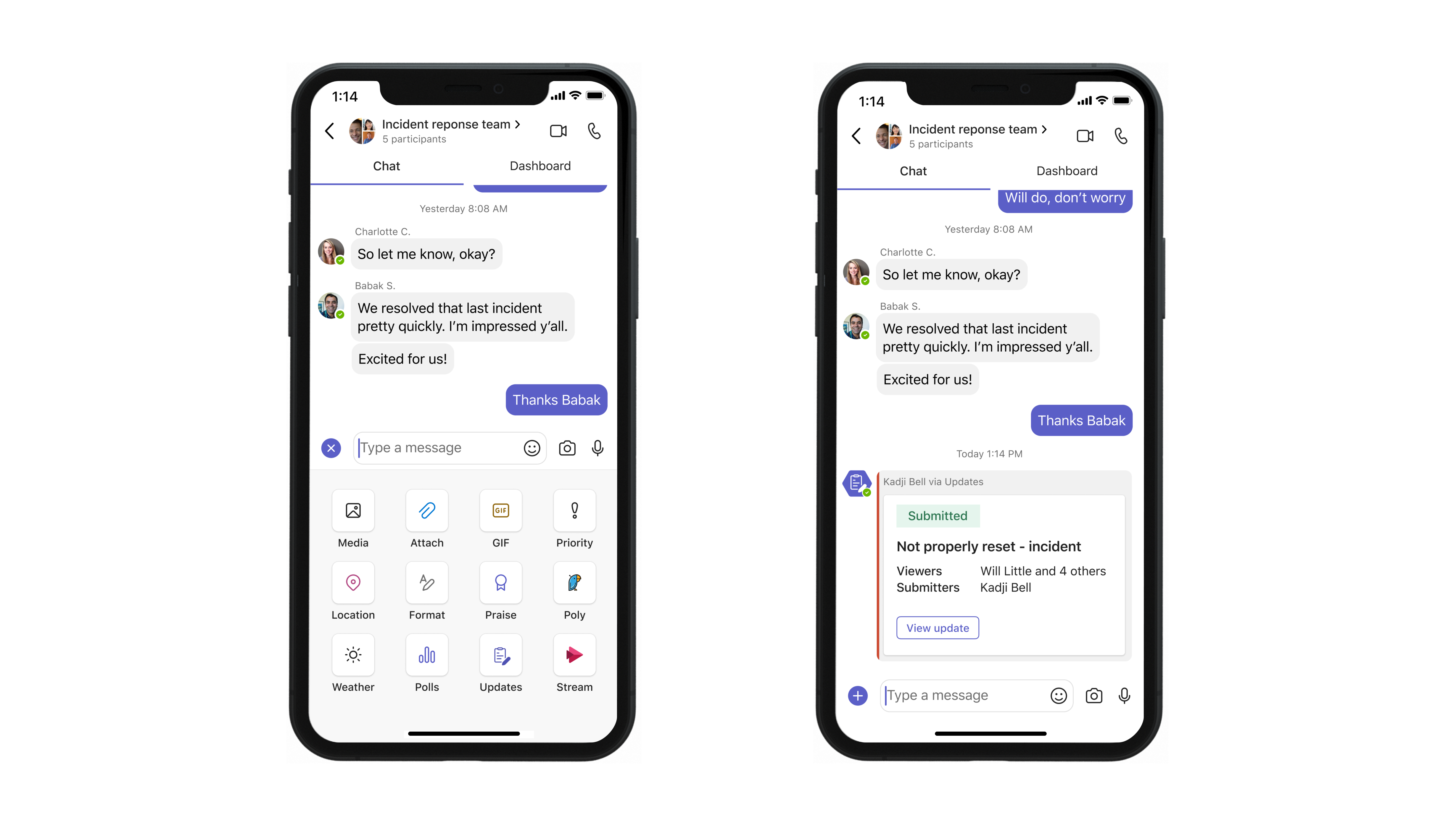 Mobilni uređaj prikazuje proširenje poruke u aplikaciji Ažuriranja u radnom okruženju Microsoft Teams