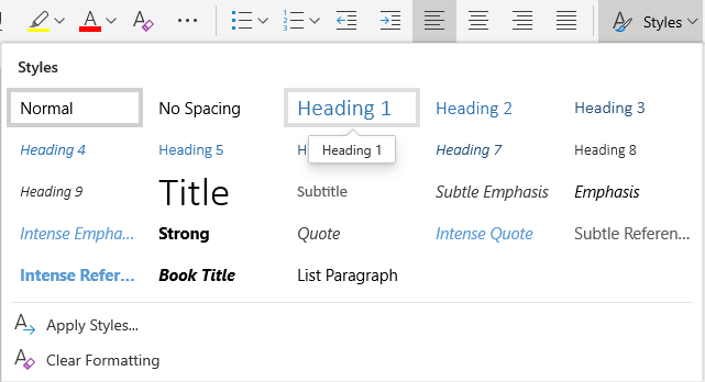 Word Online text styles menu
