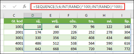 Primjer funkcije SEQUENCE ugniježđene s funkcijama INT i RAND radi stvaranja oglednog skupa podataka