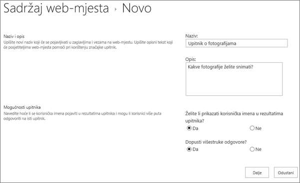 Novi dijaloški okvir upitnika s popunjenim tekstnim okvirima.