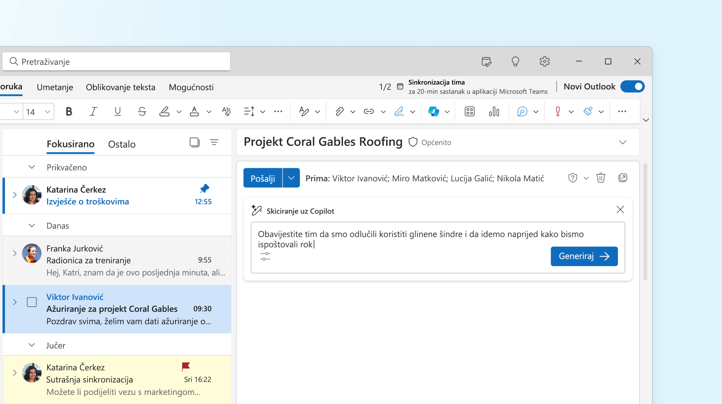 Snimka zaslona prikazuje aplikaciju Copilot u programu Outlook tijekom izrade skice poruke e-pošte.