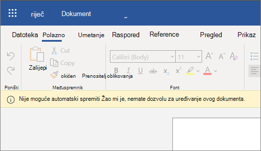 Snimka zaslona s pogreškom Nije moguće automatski spremiti tijekom uređivanja dokumenta u programu Word