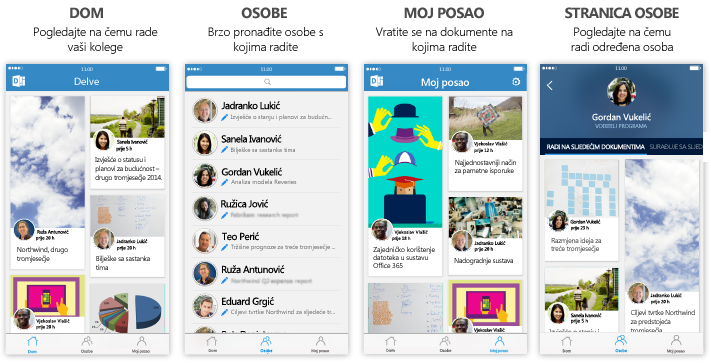 Četiri zaslona aplikacije Delve za iPhone s opisnim tekstom