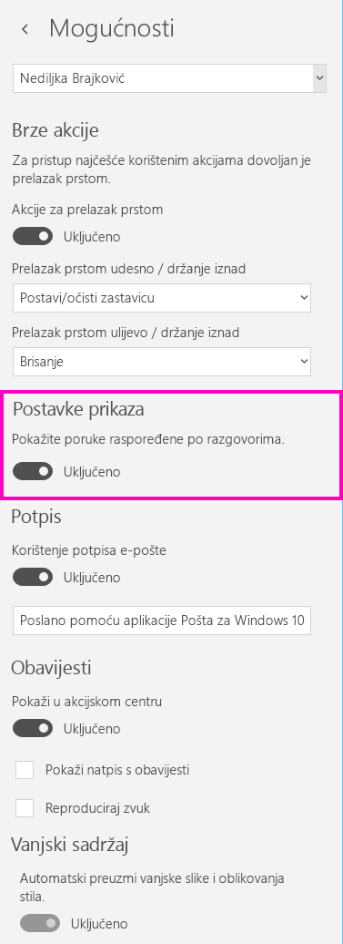 Isključivanje prikaza razgovora u aplikaciji Pošta za Windows 10
