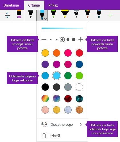 Rukopis poteza mogućnosti širina i boja u programu OneNote za Windows 10