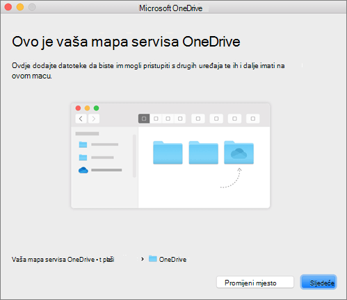 Snimka zaslona stranice Ovo je vaša mapa servisa OneDrive u čarobnjaku Dobro došli u OneDrive na računalu Mac