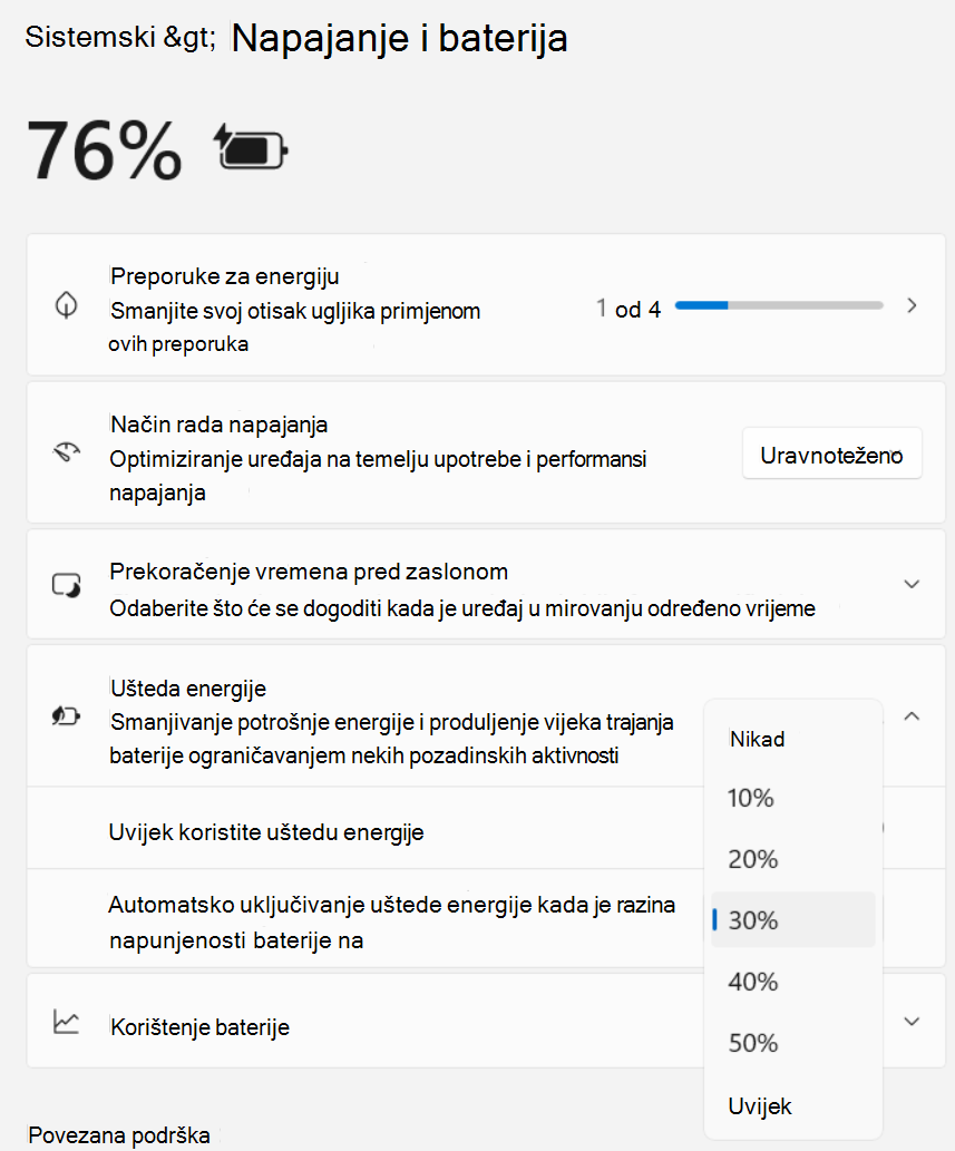 Snimka zaslona postavki > sustava > napajanja i uštede > baterije