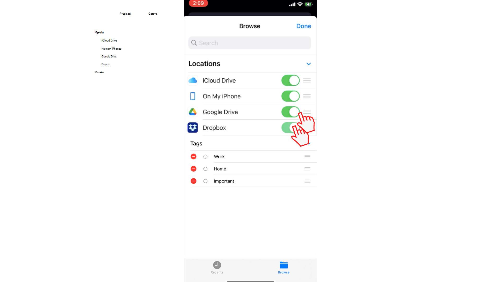 Korisnik klizne preklopni gumb kako bi omogućio pristup servisima Dropbox i Google Drive