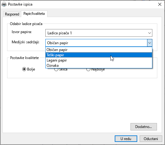 Preference dijaloškog okvira za ispis sustava Windows