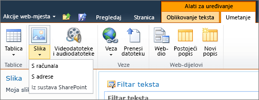 Kliknite gumb slika na vrpci, a zatim odaberite s računala, adrese ili sustava SharePoint.