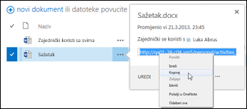 URL dokumenta sustava SharePoint u okviru dokumenta