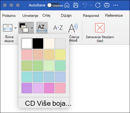 Mogućnosti boja stranice prikazane za Stopljeni čitač u programu Word za Mac