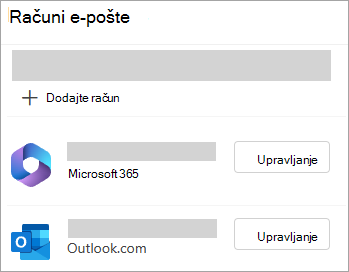 Snimka zaslona prozora Postavke s prikazom mogućnosti za upravljanje računima u novom programu Outlook