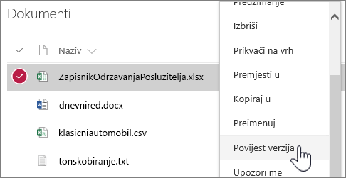 Kontekstni izbornik biblioteke dokumenata s istaknutom mogućnosti Povijest verzija