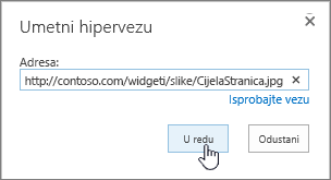 Dijaloški okvir hiperveza sa web-adresom i gumbom u redu