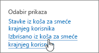 Koš za smeće sustava SharePoint 2013 s istaknutom mogućnošću Izbriši od korisnika