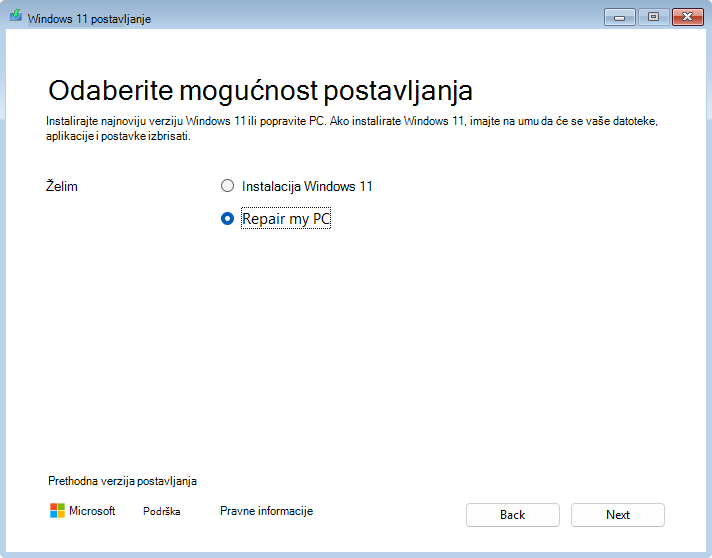 Snimka zaslona Windows 11 s odabirom za popravak PC-ja.