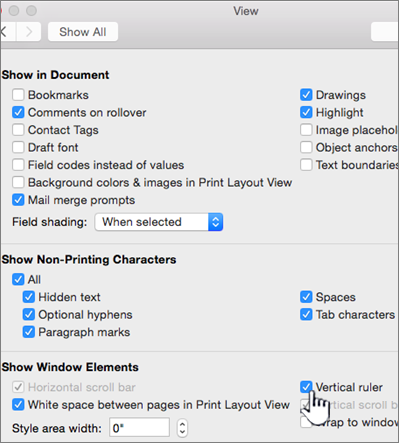 Vertical ruler is highlighted in the View dialog box.