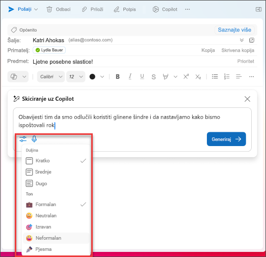 Mogućnosti duljine i tona za odabir prilikom skiciranja poruka e-pošte u programu Outlook uz Copilot