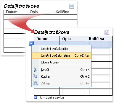 Tablica u programu Word koja je pretvorena u ponavljajuću tablicu programa InfoPath