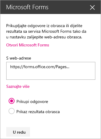 Ploča web-dijela servisa Microsoft Forms za postojeći obrazac.