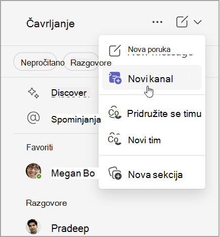 Snimka zaslona čavrljanja u aplikaciji Microsoft Teams s mogućnostima za stvaranje nove poruke, novog kanala ili novog tima. Također ima mogućnost pridruživanja timu ili stvaranje nove sekcije.