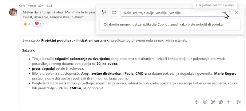 Prilagođeno parafraziranje poruke pomoću rješenja Copilot u čavrljanju u aplikaciji Microsoft Teams.