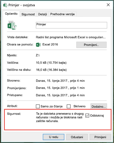 Desnom tipkom miša kliknite datoteku u programu Windows Explorer da biste deblokirali makronaredbe.