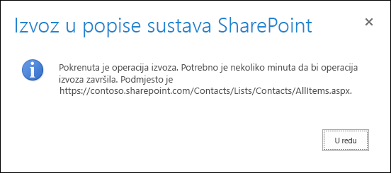 Snimka zaslona poruke o izvozu u popise sustava SharePoint s gumbom U redu.