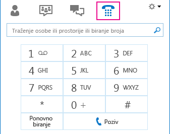 Snimka zaslona s ikonom Telefon na kojoj se prikazuje tipkovnica pomoću koje se može uputiti poziv