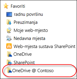 Sinkronizirana mapa servisa OneDrive za tvrtke u mapi Favoriti u eksploreru datoteka