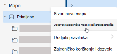 Snimka zaslona s prikazom odabira u odjeljku Dodavanje zajedničke mape ili poštanskog sandučića