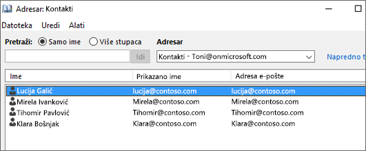 Kada se kontakti uvezu sa servisa Google Gmail u Office 365, vidjet ćete ih naveden u adresaru: Kontakti