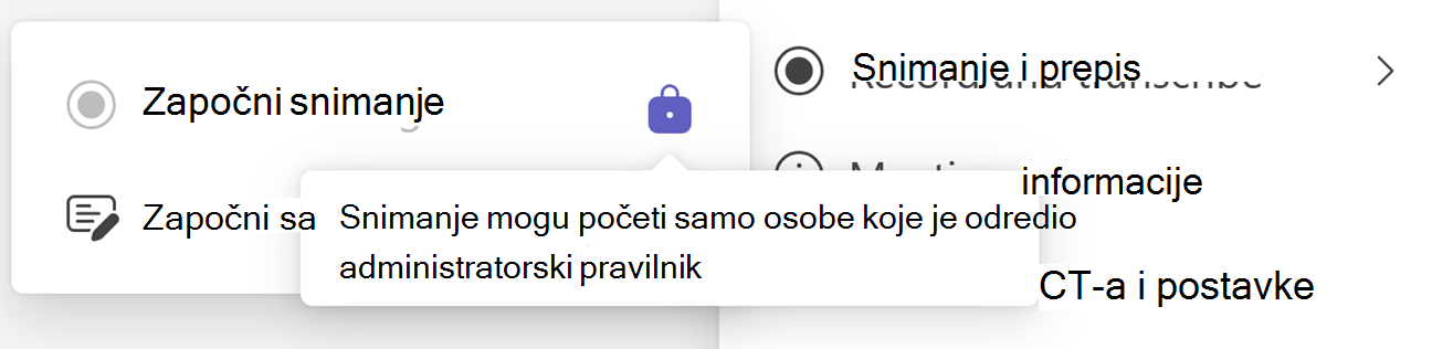 Snimka zaslona gumba Započni snimanje aplikacije Teams s ikonom lokota i opisom elemenata