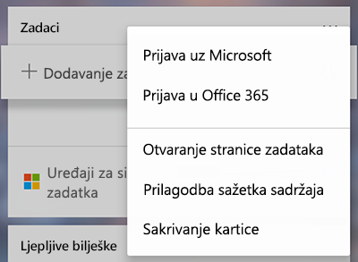 Snimka zaslona na kojoj se prikazuje mogućnost prijave pomoću servisa Microsoft ili Office 365 na izborniku više kartica zadaci