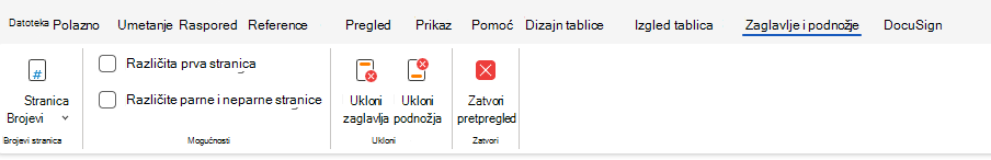 Mogućnosti zaglavlja i podnožja na vrpci