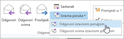 Grupa Odgovor s otvorenim padajućim izbornikom za izravne poruke i istaknutom mogućnošću Odgovori izravnim porukama