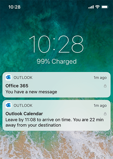 Slika koja prikazuje zaključani zaslon na iPhoneu sa obavijestima programa Outlook koja ne prikazuje detaljne informacije, osim nove poruke je primljena.