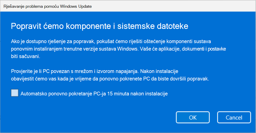 Snimka zaslona s prikazom rješavanje Windows Update s objašnjenjem da će se komponente i sistemske datoteke popraviti Windows Update.