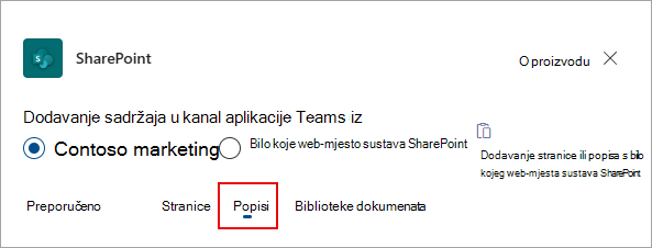 Odaberite Popisi da biste dodali popise u kanal aplikacije Teams.