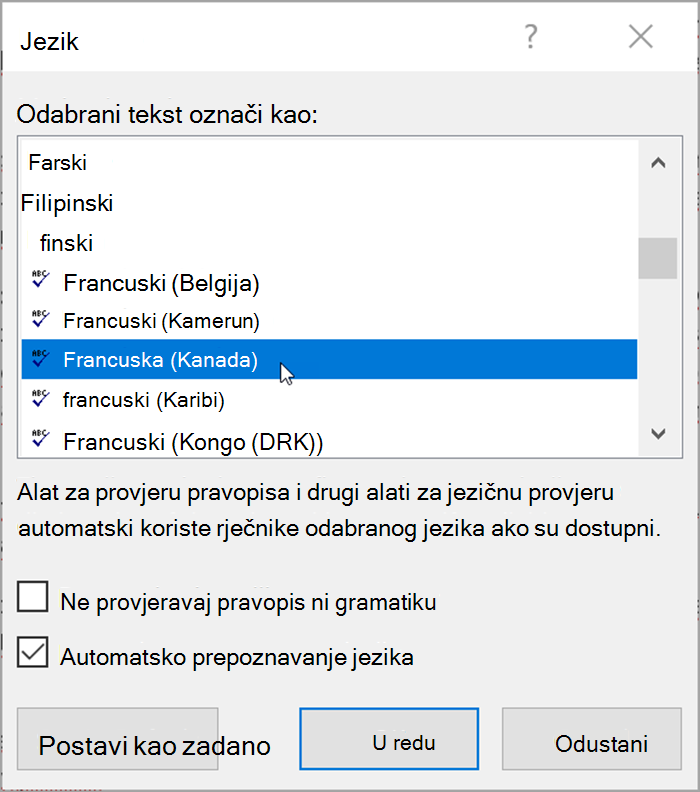 Snimka zaslona iz programa Word. Skočni popisi jezika koje je moguće odabrati. Potvrđen je okvir "Automatski prepoznaj jezik". 