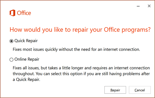 Brzi popravak sustava Office