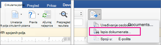 On the Mailings tab, Finish & Merge and the Print Documents option are highlighted
