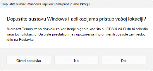 Snimka zaslona s upitom u kojem se od korisnika traži da aplikaciji dopusti pristup lokaciji.