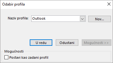 Prihvaćanje zadanih postavki programa Outlook u dijaloškom okviru Odabir profila
