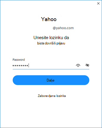 Drugi zaslon za postavljanje programa Yahoo Outlook – unesite lozinku