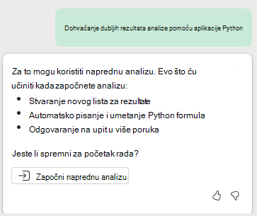 Snimka zaslona na kojoj se prikazuje upit za pokretanje napredne analize Copilot u programu Excel pythonom.