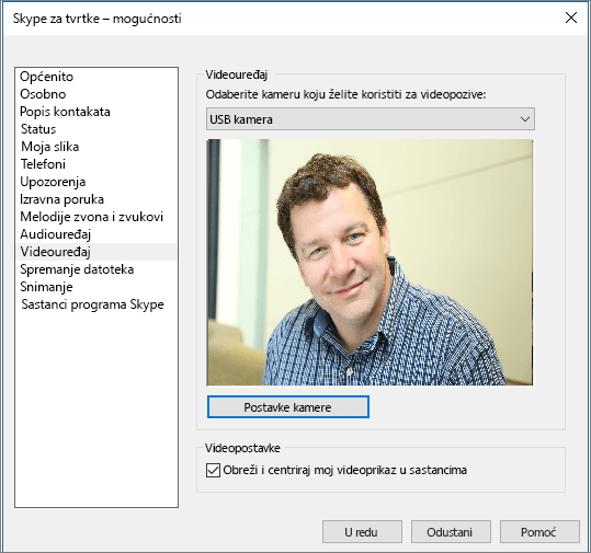 Snimka zaslona na kojoj se prikazuje stranica Videouređaji dijaloškog okvira Mogućnosti Skypea za tvrtke.