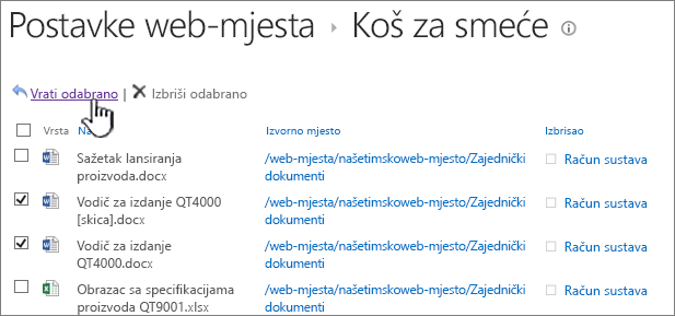 Koš za smeće druge razine sustava SharePoint 2013 s istaknutim gumbom za vraćanje